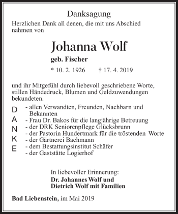 Traueranzeige von Johanna Wolf von Südthüringer Presse