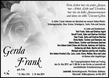 Traueranzeige von Gerda Frank von Südthüringer Presse