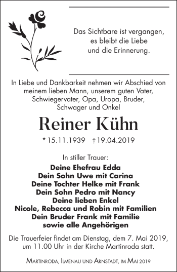 Traueranzeige von Reiner Kühn von Südthüringer Presse