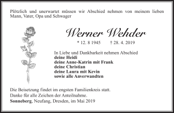 Traueranzeige von Werner Wehder von Südthüringer Presse