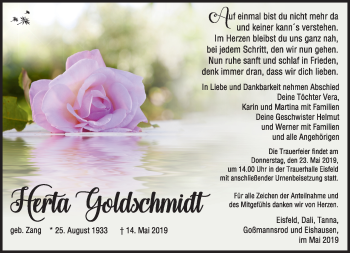 Traueranzeige von Herta Goldschmidt von Südthüringer Presse