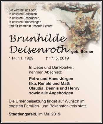 Traueranzeige von Brunhilde Deisenroth von Südthüringer Presse