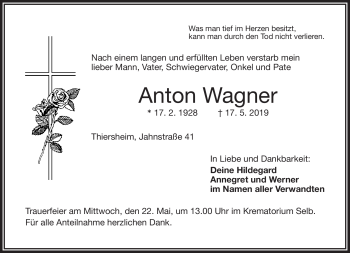 Traueranzeige von Anton Wagner von Frankenpost