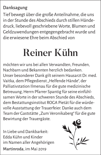 Traueranzeige von Reiner Kühn von Südthüringer Presse