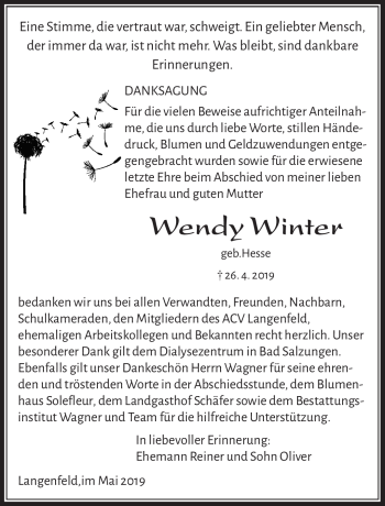 Traueranzeige von Wendy Winter von Südthüringer Presse