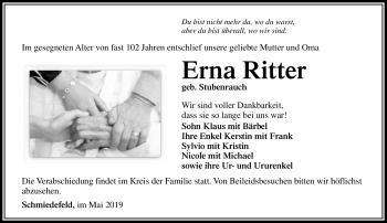Traueranzeige von Erna Ritter von Südthüringer Presse