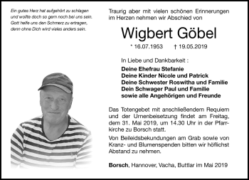 Traueranzeige von Wigbert Göbel von Südthüringer Presse
