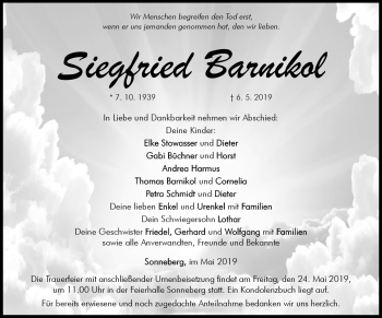 Traueranzeige von Siegfried Barnikol von Südthüringer Presse
