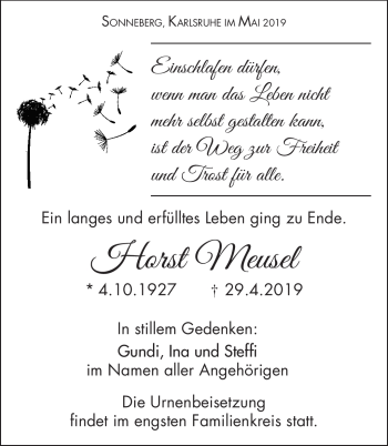 Traueranzeige von Horst Meusel von Südthüringer Presse