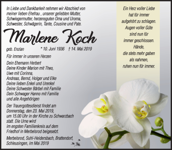 Traueranzeige von Marlene Koch von Südthüringer Presse