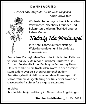 Traueranzeige von Hedwig Ida Nothnagel von Südthüringer Presse