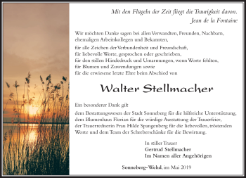 Traueranzeige von Walter Stellmacher von Südthüringer Presse
