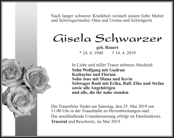 Traueranzeige von Gisela Schwarzer von Südthüringer Presse
