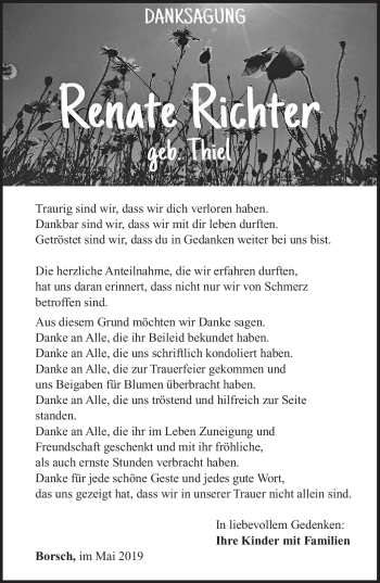 Traueranzeige von Renate Richter von Südthüringer Presse