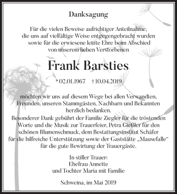 Traueranzeige von Frank Barsties von Südthüringer Presse