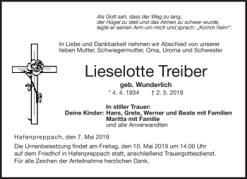 Traueranzeige von Lieselotte Treiber von Neue Presse Coburg
