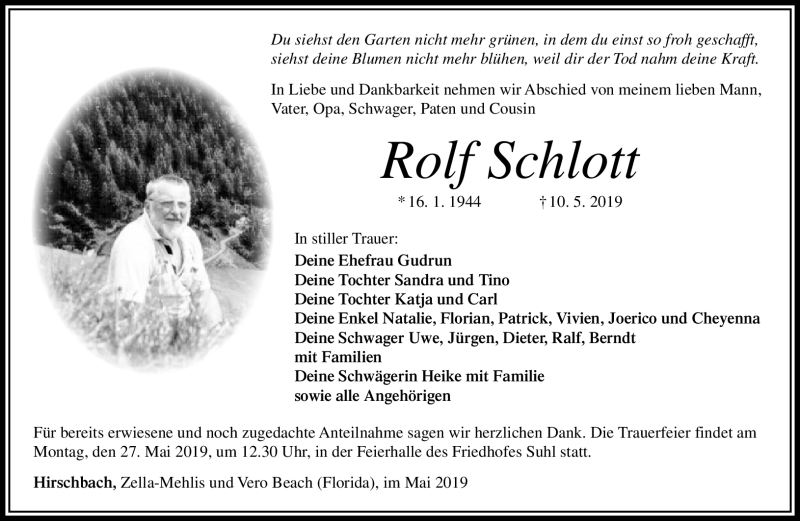  Traueranzeige für Rolf Schlott vom 18.05.2019 aus Südthüringer Presse