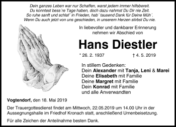 Traueranzeige von Hans Diestler von Neue Presse Coburg