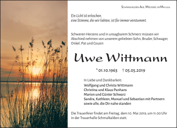 Traueranzeige von Uwe Wittmann von Südthüringer Presse