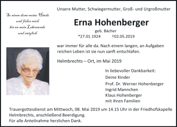 Traueranzeige von Erna Hohenberger von Frankenpost