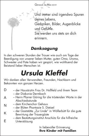Traueranzeige von Ursula Kleffel von Südthüringer Presse