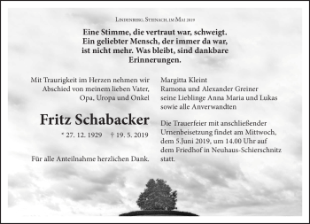 Traueranzeige von Fritz Schabacker von Südthüringer Presse