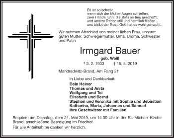 Traueranzeige von Irmgard Bauer von Frankenpost
