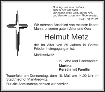 Traueranzeige von Helmut Metz von Frankenpost