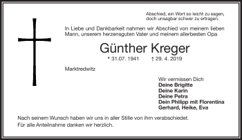 Traueranzeige von Günther Kreger von Frankenpost