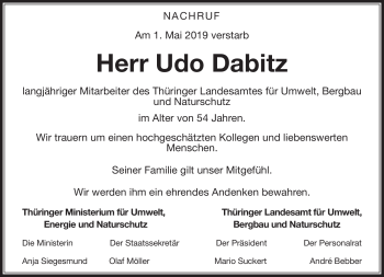 Traueranzeige von Udo Dabitz von Südthüringer Presse