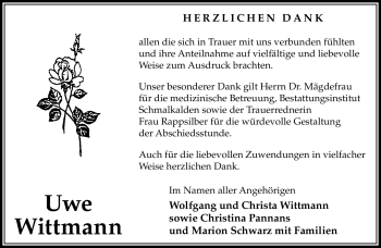 Traueranzeige von Uwe Wittmann von Südthüringer Presse