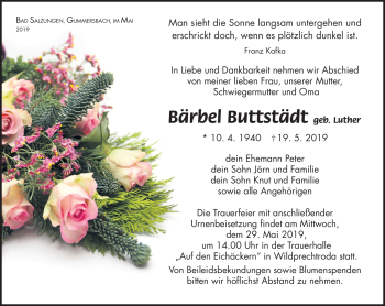 Traueranzeige von Bärbel Buttstädt von Südthüringer Presse