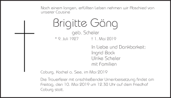 Traueranzeige von Brigitte Gäng von Neue Presse Coburg