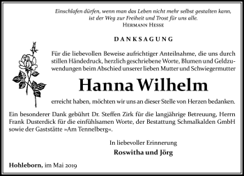 Traueranzeige von Hanna Wilhelm von Südthüringer Presse