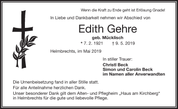Traueranzeige von Edith Gehre von Frankenpost