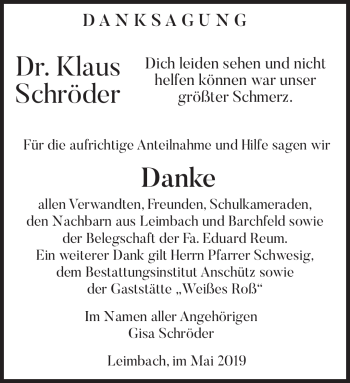 Traueranzeige von Dr. Klaus Schröder von Südthüringer Presse