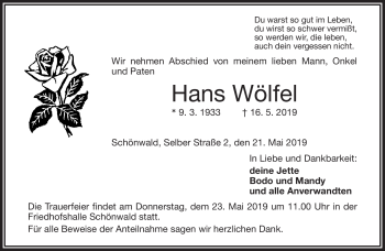 Traueranzeige von Hans Wölfel von Frankenpost