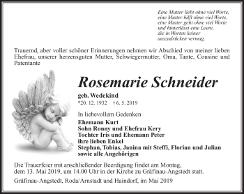 Traueranzeige von Rosemarie Schneider von Südthüringer Presse