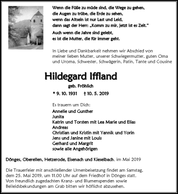 Traueranzeige von Hildegard Iffland von Südthüringer Presse