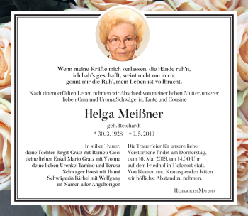 Traueranzeige von Helga Meißner von Südthüringer Presse