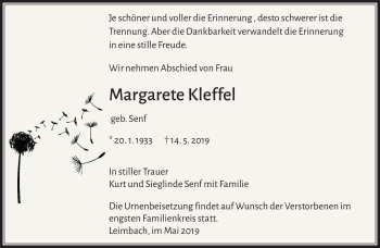 Traueranzeige von Margarete Kleffel von Südthüringer Presse