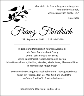 Traueranzeige von Franz Friedrichf von Südthüringer Presse