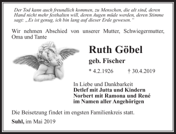 Traueranzeige von Ruth Göbel von Südthüringer Presse