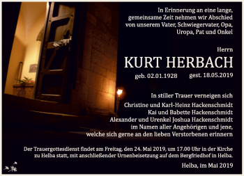 Traueranzeige von Kurt Herbach von Südthüringer Presse