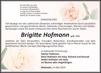 Traueranzeige von Brigitte Hofmann von Südthüringer Presse