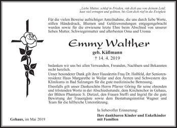 Traueranzeige von Emmy Walther von Südthüringer Presse