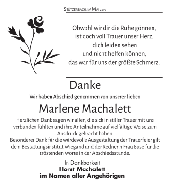 Traueranzeige von Marlene Machalett von Südthüringer Presse