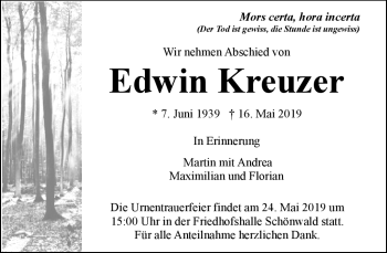 Traueranzeige von Edwin Kreuzer von Frankenpost