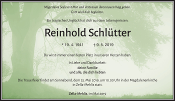 Traueranzeige von Reinhold Schlütter von Südthüringer Presse