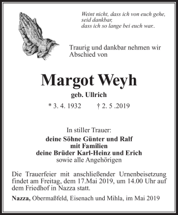 Traueranzeige von Margot Weyh von Südthüringer Presse